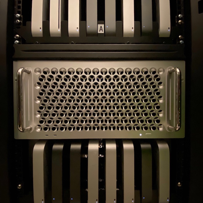 Mac Pro and Mac minis racked in data center